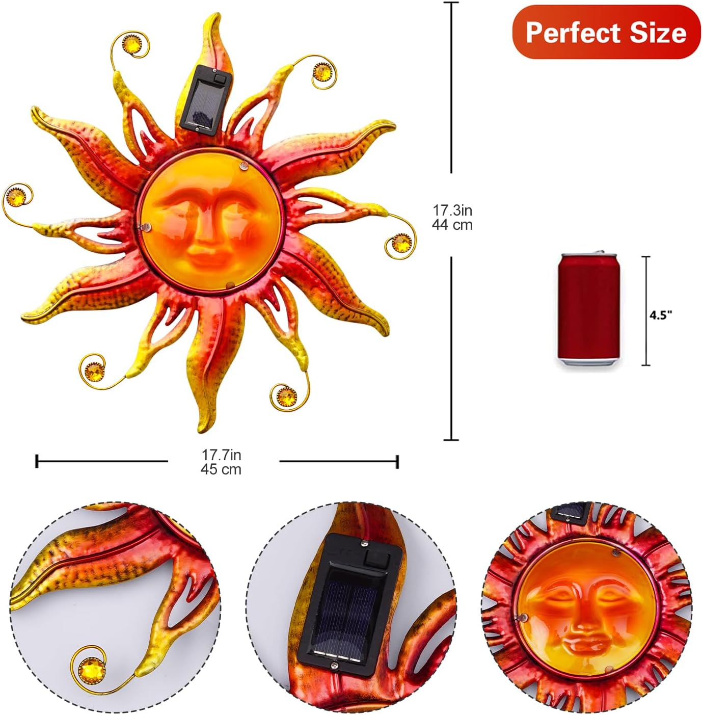 Goodeco Solar Sun Face Wall Art – Metal Outdoor Wall Decor with Solar LED Lights for Garden & Patio - Weather Resistant, Smiling Sun Face Design (18 inch, Gold