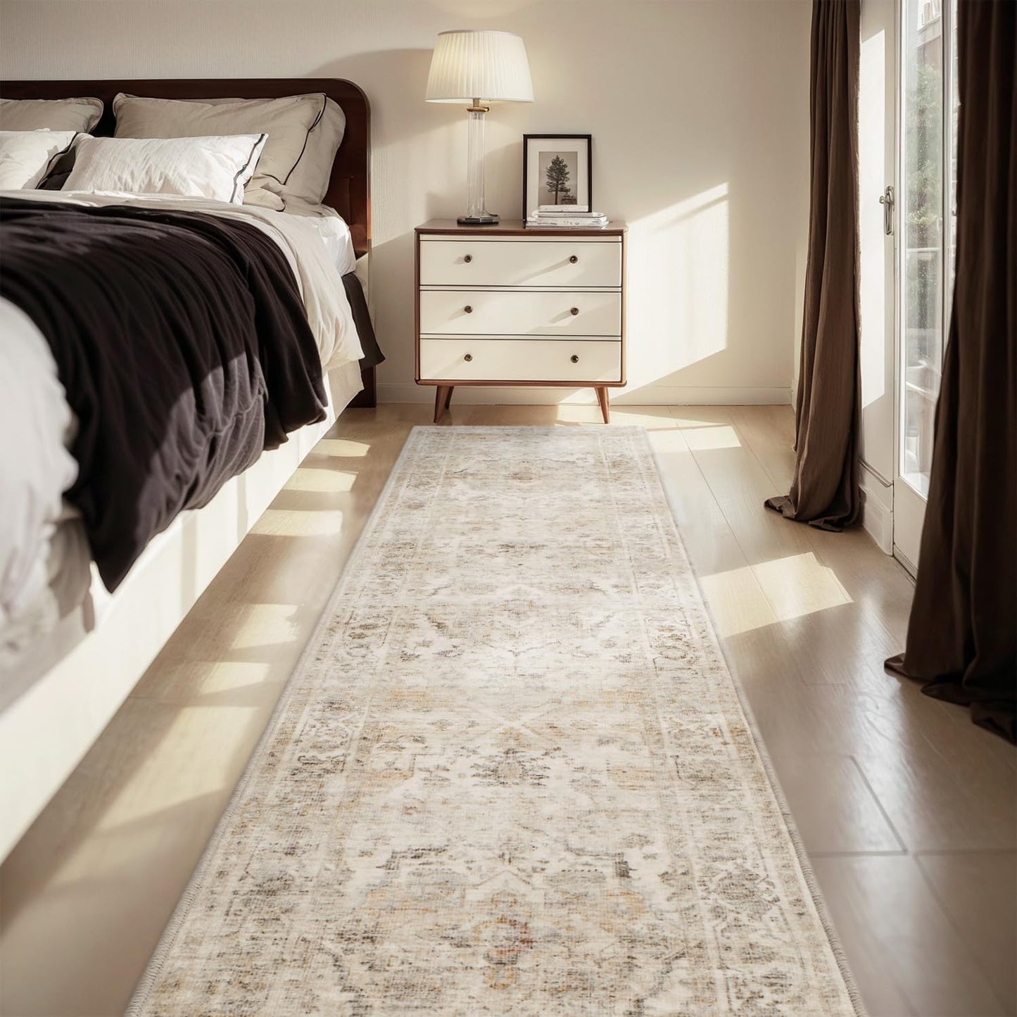 AMOAMI-2X6 Runner Rug-Washable Runners for Hallways-Soft Non Slip Bedside Rugs for Bedroom-Vintage Long Rug for Hallways Entryway Laundry Room Stair Kitchen Bathroom Beige