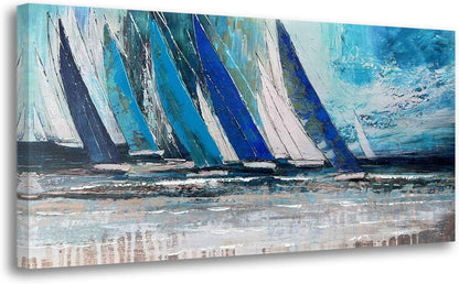 Arjun Blue Abstract Wall Art Canvas Teal Ocean Sailboat Picture Modern Turquoise Coastal Nautical Painting Large 48"x24" Framed Textured Artwork for Living Room Bedroom Bathroom Home Office Wall Decor