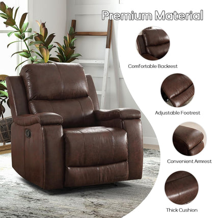 Brown Recliner Chair, Single Overstuffed Sofa Recliners, Breathable Faux Leather Manual Reclining Chairs with Hidden Cup Holder, Arm and Back for Adults, Living Room, Bedroom, Dark Brown