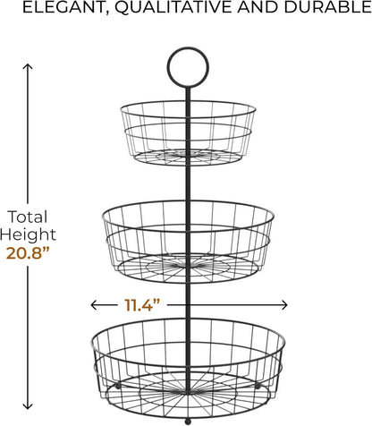 REGAL TRUNK & CO. 3 Tier Fruit Basket, Elegant French Country Wire Baskets, Three Tiered Wire Basket Stand for Vegetables, Bread & More for Countertop or Hanging, Christmas or Birthday Present