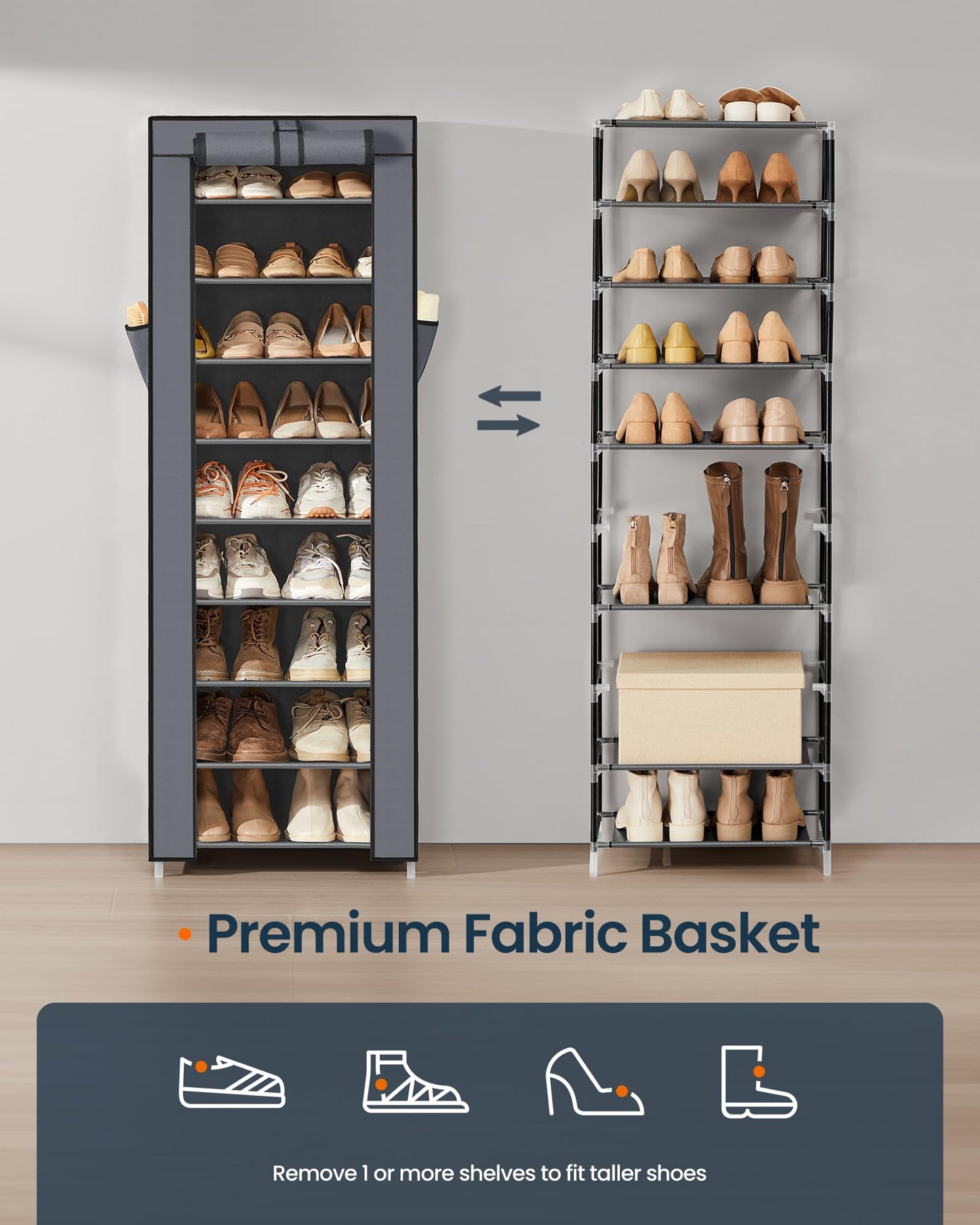 SONGMICS Home Shoe Rack 10-Tier, Tall Narrow Metal Shoe Organizer with Dust Cover, 11.2 x 19.1 x