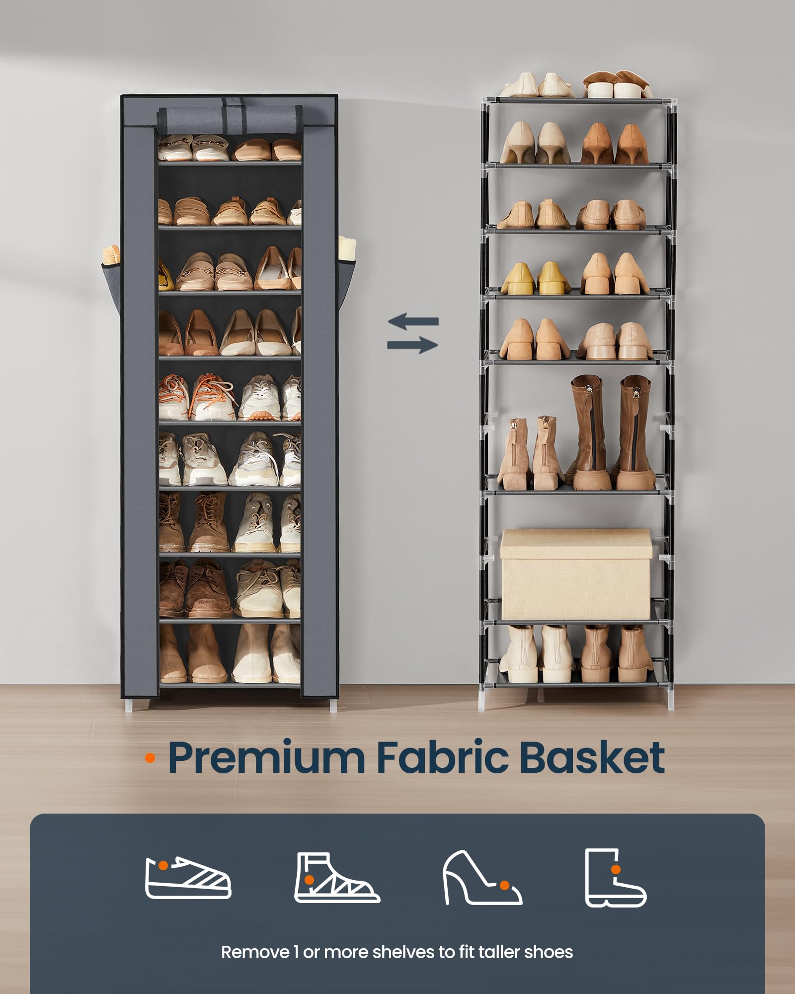 SONGMICS Home Shoe Rack 10-Tier, Tall Narrow Metal Shoe Organizer with Dust Cover, 11.2 x 19.1 x