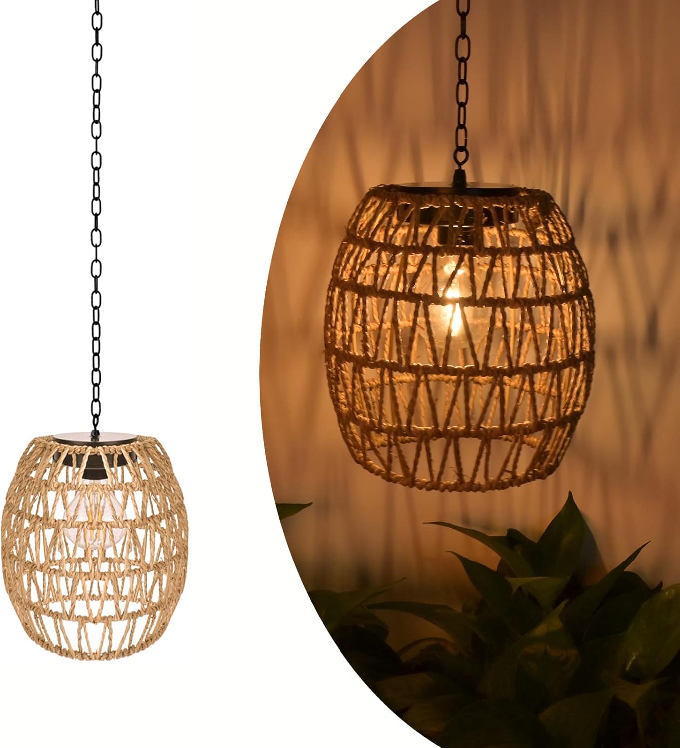 Livinlarge Boho Pendant Solar Light Rustic Hand-Woven Rattan Chandelier Coastal Retro Lamp Wedding Garden Courtyard Hallway Entryway Decoration.