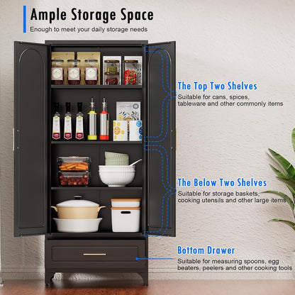 Black Pantry Kitchen Cabinet with Drawer, 75 Inch Metal Storage Cabinet with Doors and Shelves, Steel Food Pantries, Large Freestanding Cupboard for Living&Dining Room-Assemble Required