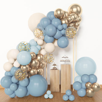 Amandir 153pcs Dusty Blue Balloon Garland Arch Kit, Different Sizes 18 12 10 5 inch Blue White Sand Latex Metallic Confetti Gold Balloons for Boys Birthday Boho Baby Shower Party Decoration Supplies