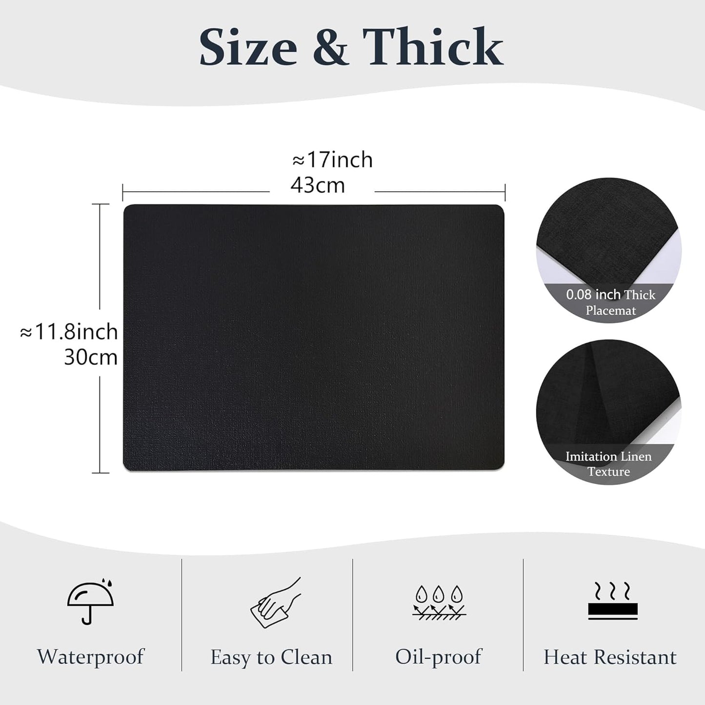 FROMHEART Faux Leather Placemats Set of 8–Waterproof,Heat/Oil Stain-Resistant PU Table Mat–Reversible,Non-Slip,Easy to Clean Place Mats for Kitchen,Dining,Indoor/Outdoor,(Black,11.8" x 17")