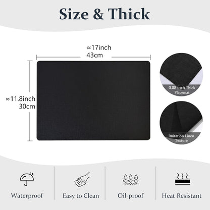 FROMHEART Faux Leather Placemats Set of 4–Waterproof,Heat/Oil Stain-Resistant PU Table Mat–Reversible,Non-Slip,Easy to Clean Place Mats for Kitchen,Dining,Indoor/Outdoor,(Black,11.8" x 17")