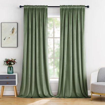 MIULEE Velvet Curtains Sage Green Thermal Insulated Blackout Curtain Drapes for Bedroom Living Room Darkening 90 Inches Long Curtains Panels Rod Pocket Set of 2