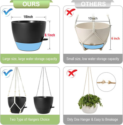 10 inch Self Watering Hanging Planters, 2 Pack Hanging Baskets for Indoor Outdoor Plants, Hanging Flower Pots with Drainage Holes & 2 Kinds of Plant Hangers for Garden Home Decor, Black