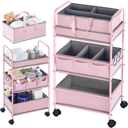 Honeydak 2in1 Baby Diaper Caddy Organizer Cart 3 Tier Large Capacity Metal Utility Bedside Rolling Cart with Divider for Newborn Nursery Essential Must Have for Crib Bedroom Baby Shower(Pink)