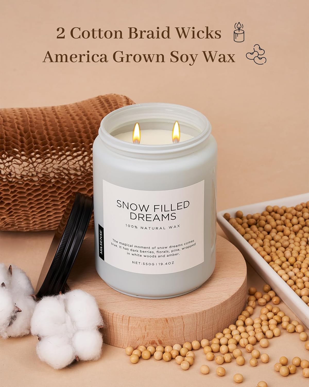 M&SENSE Snow Filled Dreams - Jasmine & Pine Large Scented Candles, 19.4oz 110 Hour Clean Non Toxic Long Lasting Candle Organic Natural Soy Wax Candle Gifts for Women Men