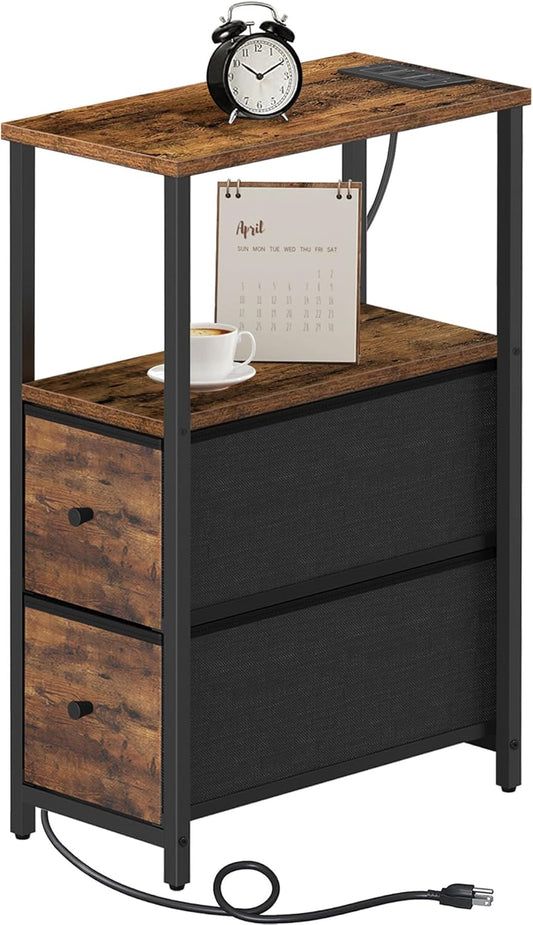 TUTOTAK Small Narrow End Table with Charging Station, Side Table with Outlets, Nightstand with 2