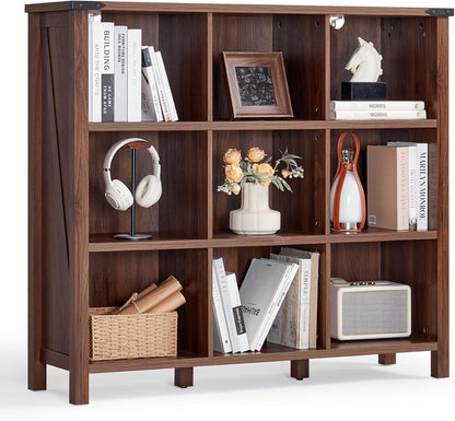 9 Cube Bookcase, Farmhouse 47 Inch Wide Brown Walnut Bookshelf, Wooden 3 Tier Display Large Open Book Shelf, Vintage Horizontal Book Case for Home Office, Cubby Storage Cabinet for Living Room