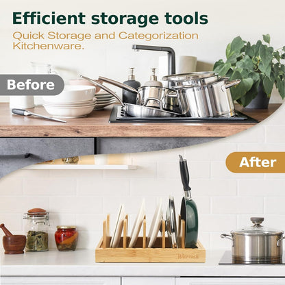 Bamboo Pot Lid Organizer, Adjustable Kitchen Organizer for Cabinet, Expandable Pot and Pan Storage Rack, Kitchen Organization for Lids, Bakeware, and Cutting Boards