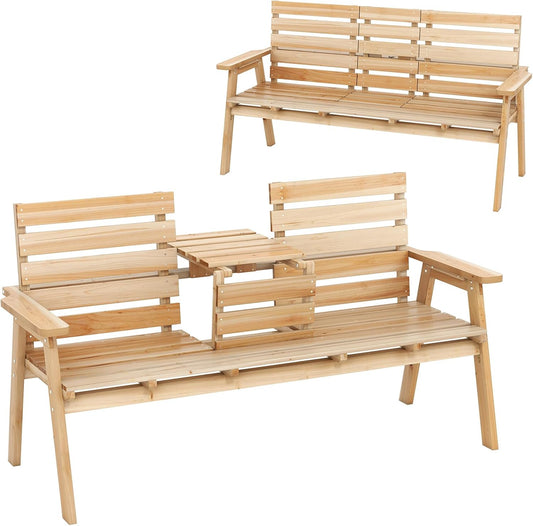 Tangkula Outdoor Fir Wood Bench with Foldable Middle Table, 2-3 Person Garden Bench with Backrest