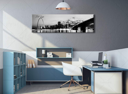 DJSYLIFE Panoramic St. Louis Skyline Wall Art Cityscape Picture Black and White Canvas Print Night View Urban Landscape Modern Artwork Office Bedroom Decor Framed and Ready to Hang 13.8"x47.3"