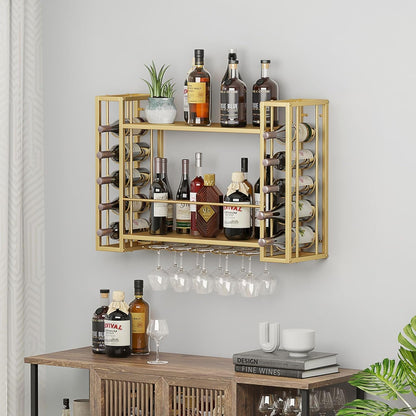 Wall Mounted Wine Rack, Hanging Floating Bar Liquor Shelves with Glass Holder, Metal Bottle Holder Wine Storage Display Shelf for Home Bar, Gold (40”W x 9.8”D x 21.65”H)