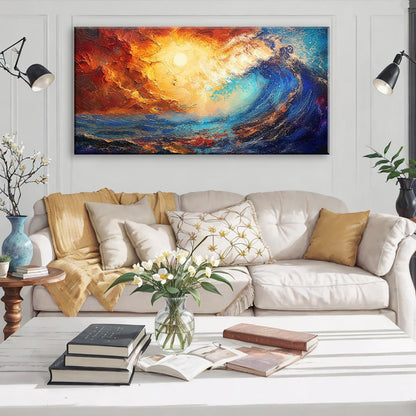 LASMOND Abstract Ocean Wall Art for Living Room Beautiful Blue Sea Wave Seawater Colorful Sky Landscape Wall Art Decor Artwork Bedroom Office (58x28 Inches)