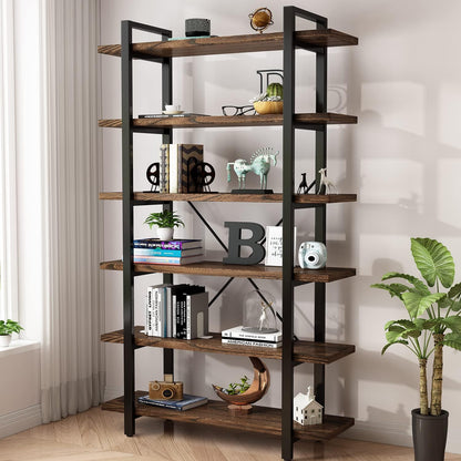 Solid Wood Bookcase and Book Shelves Wood and Metal Shelving Unit 6 Tier Bookshelf Modern Rustic Open Bookshelf Office,Distressed Brown (AY-02-6Tier)