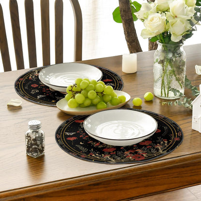 Artoid Mode Black Poppy Moth Moon Round Placemats Set of 4, 14 Inch Floral Spring Round Table Mats for Party Kitchen Dining Decoration