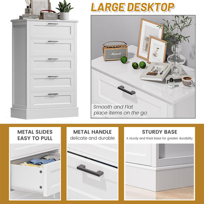 White Dresser for Bedroom, Wood Dresser with 5 Drawers, Chest of Drawer for Bedroom Living Room Entryway Hallway, Modern Farmhouse Style Black Handles 47" Tall