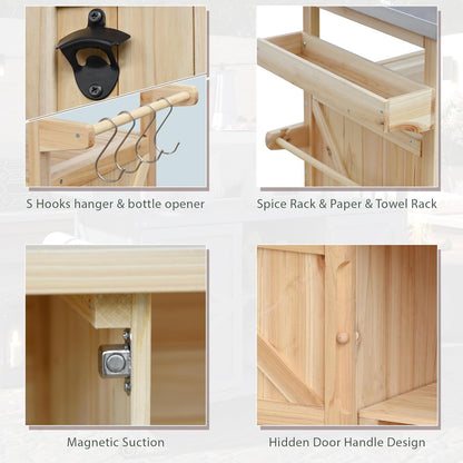 Outdoor Grill Table with Stainless Steel Top, Farmhouse Solid Wood Kitchen Island Cart with Internal Storage Rack, Outdoor Bar Cart with Storage Cabinet, Spice & Towel Rack, Natural