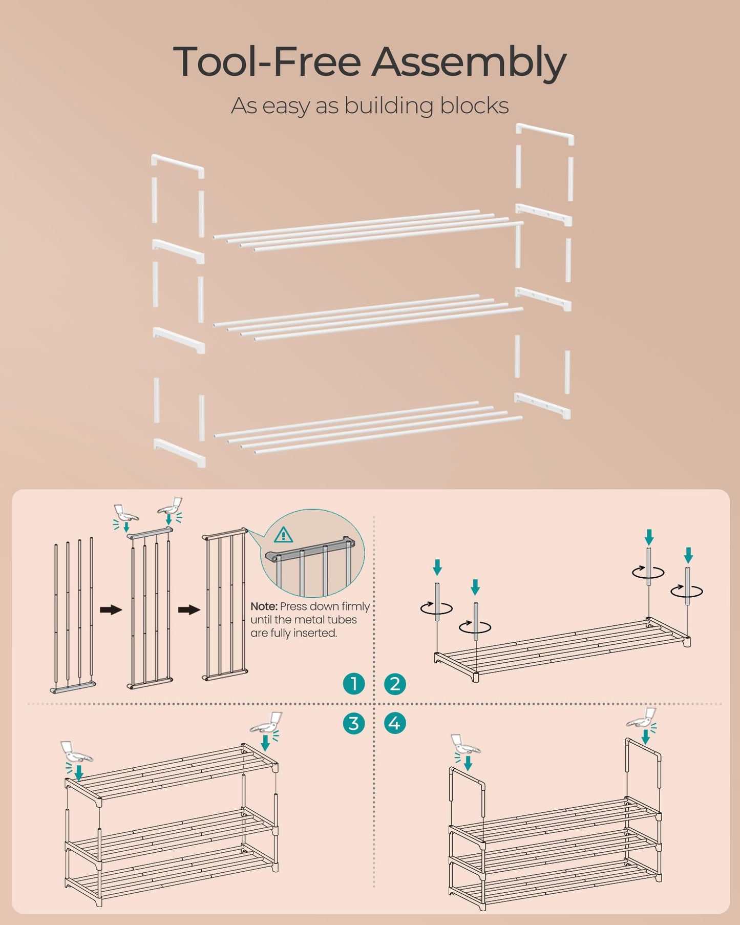 SONGMICS Shoe Rack, 3-Tier Shoe Organizer, Metal Storage Shelf, Upright or Upside Down, for 16-20