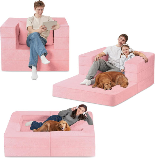 Folding Bean Bag Chair for Adults,3-in-1 Bean Bag Couch Faux Fur Floor Sofa Large Beanbag Convertible Bean Bag Sofa Bed with Pillow in Bedroom,Living Room,Apartment(Twin,Pink)