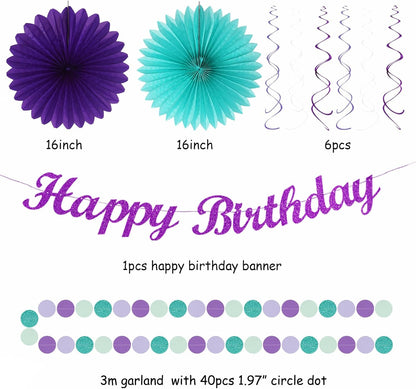 Teal-purple Lavender Girl Mermaid-birthday Party-decorations - 21pcs Happy Banner,Under The Sea Ocean Paper Lanterns Honeycomb Streamers,Tissue Pom Poms Flower Fan,Classroom Hanging Decor Huglony