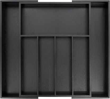 VaeFae Premium Bamboo Drawer Organizer, Expandable Silverware Drawer Organizer, Cutlery Tray with Dividers for Kitchen Utensils (Black, Large)