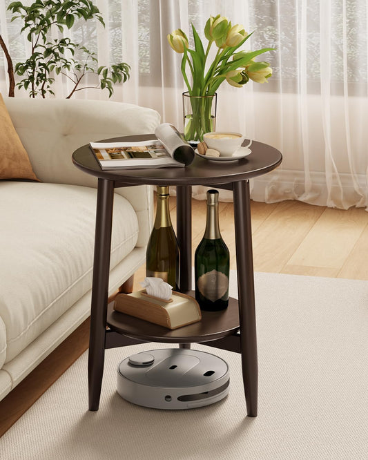 Round End Table,Solid Wood Small Round Table with Lower Shelf,Round Side Table,Nightstand for Small