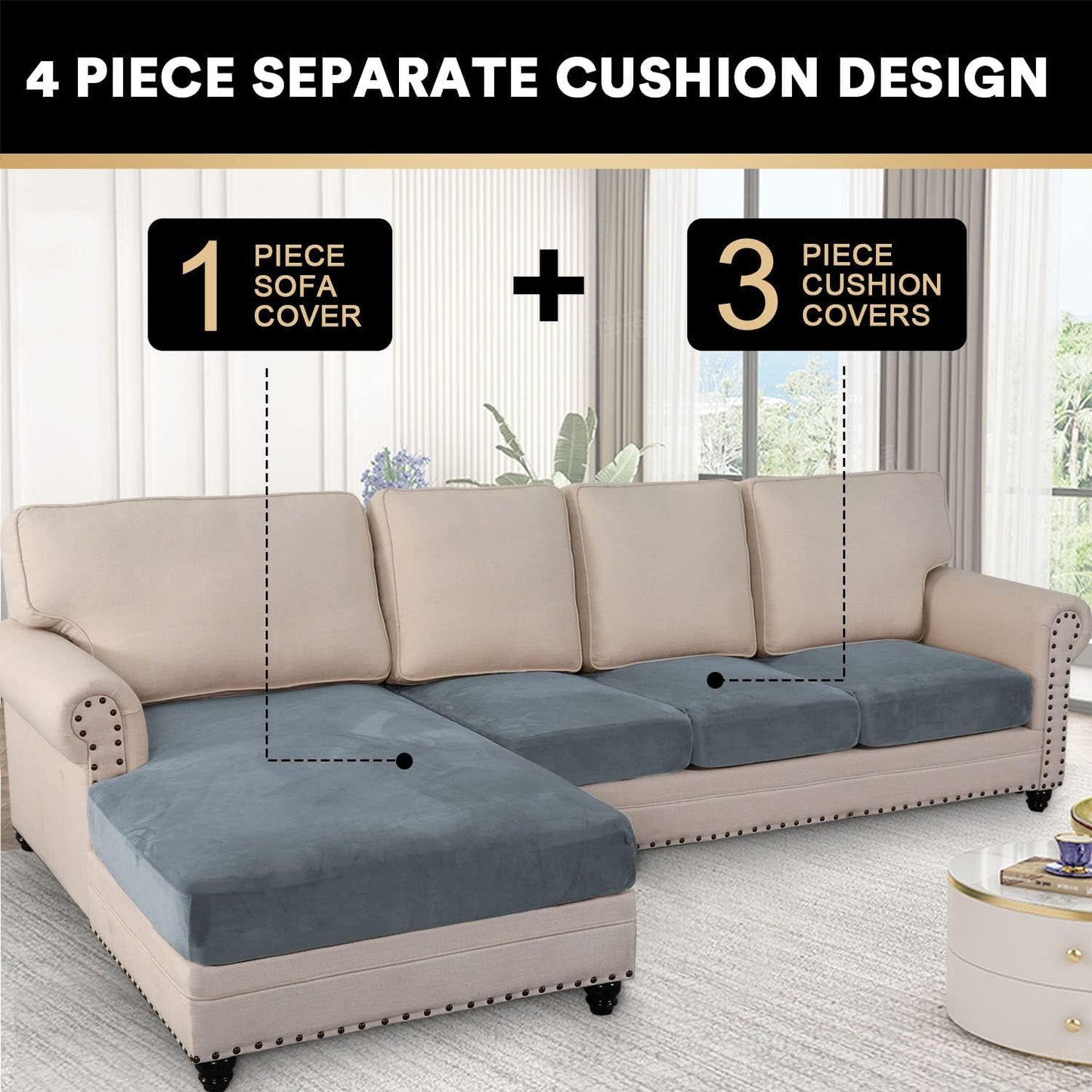 PrinceDeco 4-Piece Sectional Couch Cover Set - Thick Chaise & Couch Cushion Covers with Elastic Band for L-Shape Sofa, 3 Seater + 1 Chaise, Stone Blue