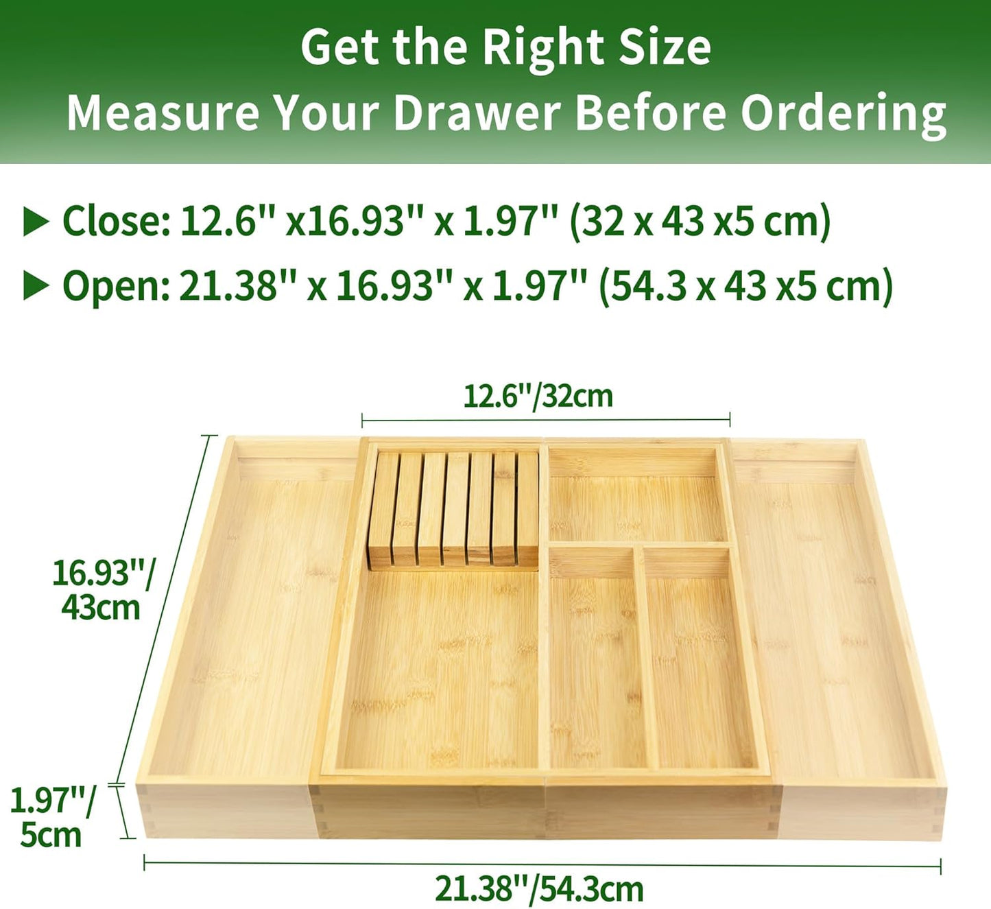 VaeFae Bamboo Kitchen Drawer Organizer, Wooden Utensil Tray with Multiple Compartments, Cutlery and Silverware Storage