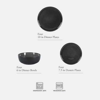 Gibson Elite Tahoe Sunset 12 Piece Stoneware Reactive Glaze (Service for 4) Ceramic Plates and Bowls Dinnerware Set - Black