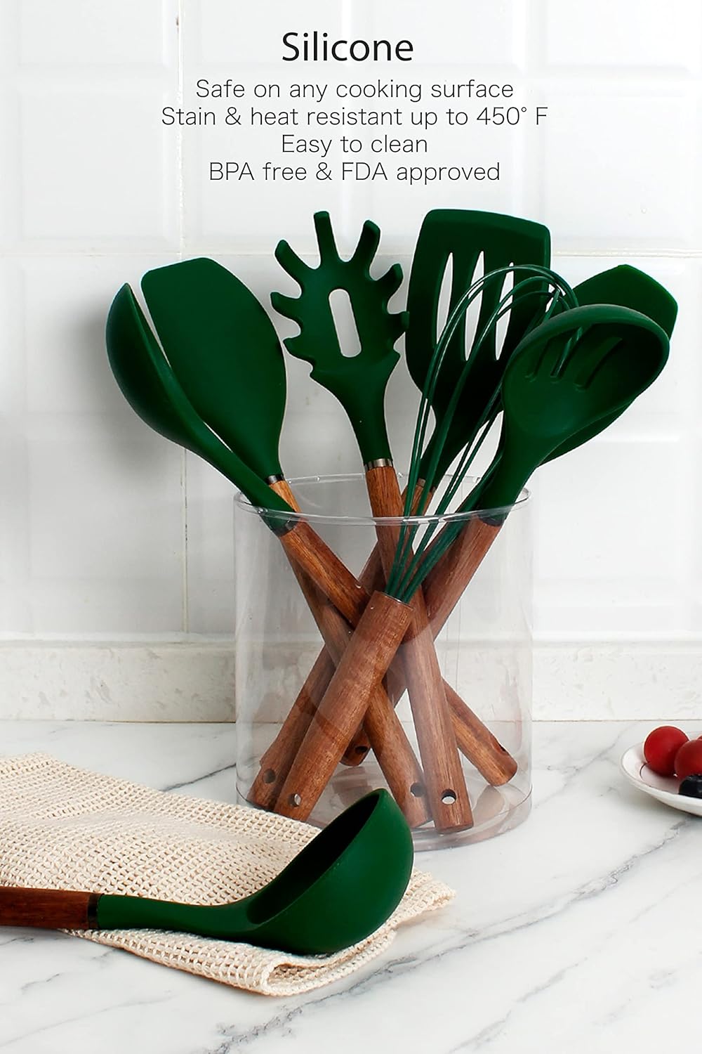 Country Kitchen Non Stick Silicone Utensil Set with Rounded Wood Handles for Cooking and Baking, 8 Piece Set, Green