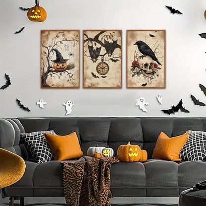 HLNIUC Vintage Halloween Decor Framed Gothic Skull Wall Art Set of 3(16”x24”) Floral Raven Crow Wall Decor,Horror Pumpkin Dark Academia Canvas Painting bats prints for Living Room Bedroom Goth Party