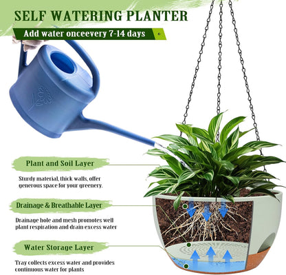 Hanging Planters for Outdoor Indoor Plants, 2 Pack 12 Inch Hanging Basket Plants Outdoor, Self Watering Hanging Planter with Plant Hanger for Garden Home Decoration (2 Type Plant Hangers Green)