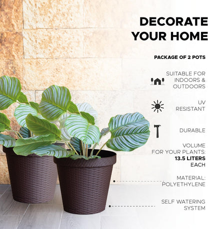 Elly Décor Set of 2 12 inch Round Saucer Modern Self Watering Planter Plates, Pots with Rattan-Like Finish, 12x12 Chocolate Brown