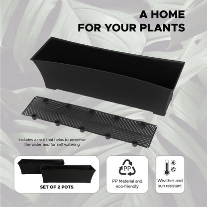 Elly Décor Set of 2 18x8 Rectangular Modern, Resistant and Self Watering Planter with Rattan-Like Finish, 18", Gray