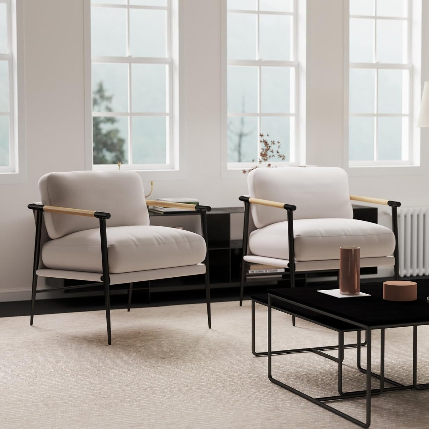 Mid-Century Accent Chair Set of 2, Soft Armchair Chenille Fabric Lounge Chair with Black Metal Legs, Upholstered Leisure Chair for Living Room Bedroom Reception Room, Beige