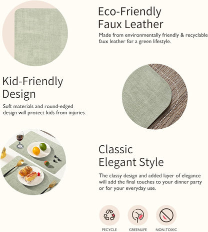 Maxpearl Faux Leather Placemats Set of 4, Waterproof - Wipe Clean - Heat Resistant - Anti Slip Dining Table Place Mats, Suitable for Indoor & Outdoor Use, 17’’×12’’, Sage Green
