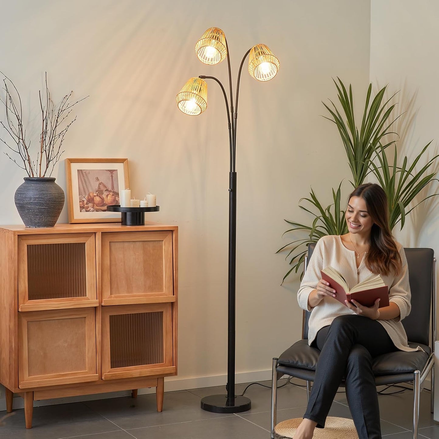 Rattan Floor Lamp for Living Room, 72 Inch Tall Boho Floor Lamp with Rotary Switch, 3 Light Arc lamp with Wicker Shade for Coastal,Bohemian,Rustic,Beach Tree,Farmhouse Standing Lamp