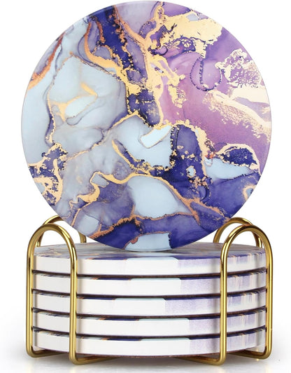 Purple Agate Coasters with Holder Drink Coaster Set of 6 Modern Marble Coasters Unique Coaster for Coffee Table Decor Gift Women Kitchen Accessories Bar Coster Cup Cool Cute Ceramic Coasters