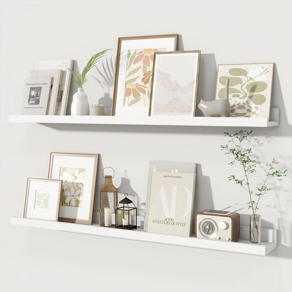 Fun Memories Picture Ledge Shelves Set of 2, 36 Inch Rustic Wall Mounted Floating Shelves with Lip for Home Storage and Décor in Bathroom, Kitchen, Nursery, Bedroom, Living Room, White