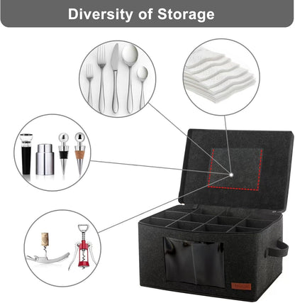 2 Pack Wine Glass Storage Box with Dividers, Stemware Storage Containers for Packing and Moving, China Storage Containers Box for 12 Crystal Glassware, Wine Glasses, Drinkware,Dark Gray