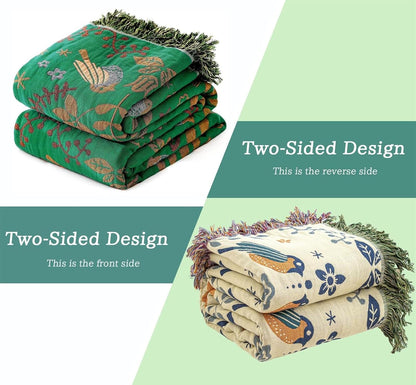 Green Summer Blanket 60''x 80'' Boho Throw Blankets for Couch Bed Chair,100% Cotton Quilts Christmas Warm Soft Blanket Muslin Bed Blankets Farmhouse Decoration