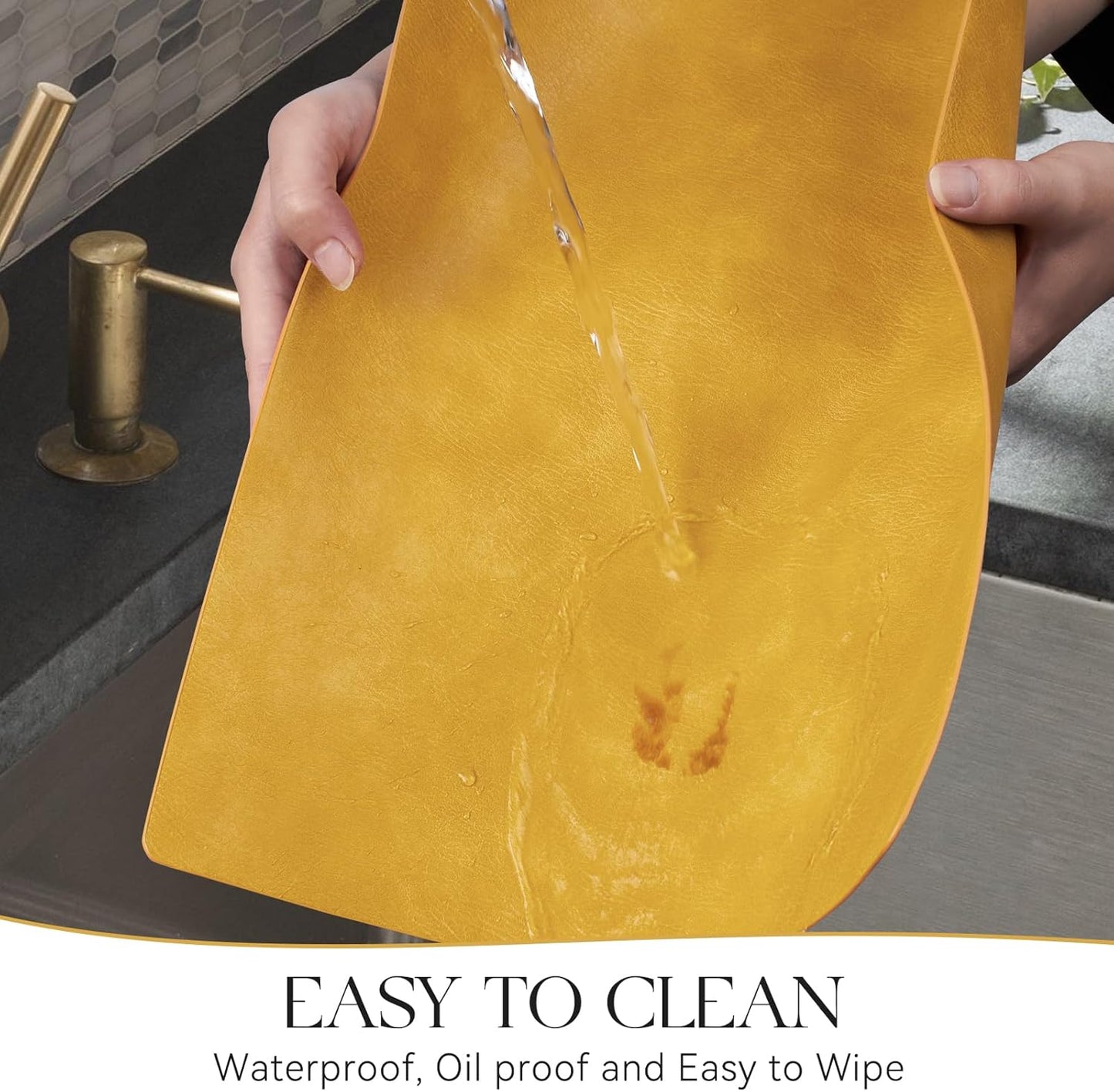 MOSAYT Vinyl Placemats Set of 8-12 X 17 Inch - Faux Leather 100% Waterproof Oil-Proof Wipeable PU Place Mats, Heat Resistant Reversible Table Mats for Kitchen, Dining, Outdoor (Yellow)