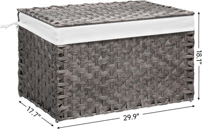 Wicker Storage Basket with Lid, 42.3 Gallon (160L) Large Blanket Basket with Lid, Woven Storage Bin with Handles, Removable Liner, Metal Frame, Foldable, for Bedroom, Laundry Room, Grey