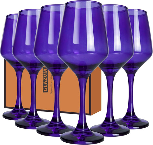 Purple Wine Glasses Set of 6-12oz Purple Long Stem Wine Glass Cups, Pretty Crystal Glassware, Hand